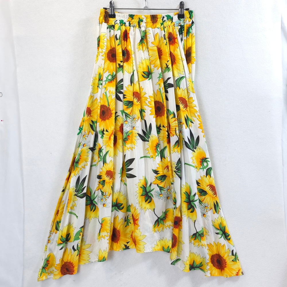 Sunflower Print Midi Skirt SharkBite Yellow White Women M Cottagecore Prairie